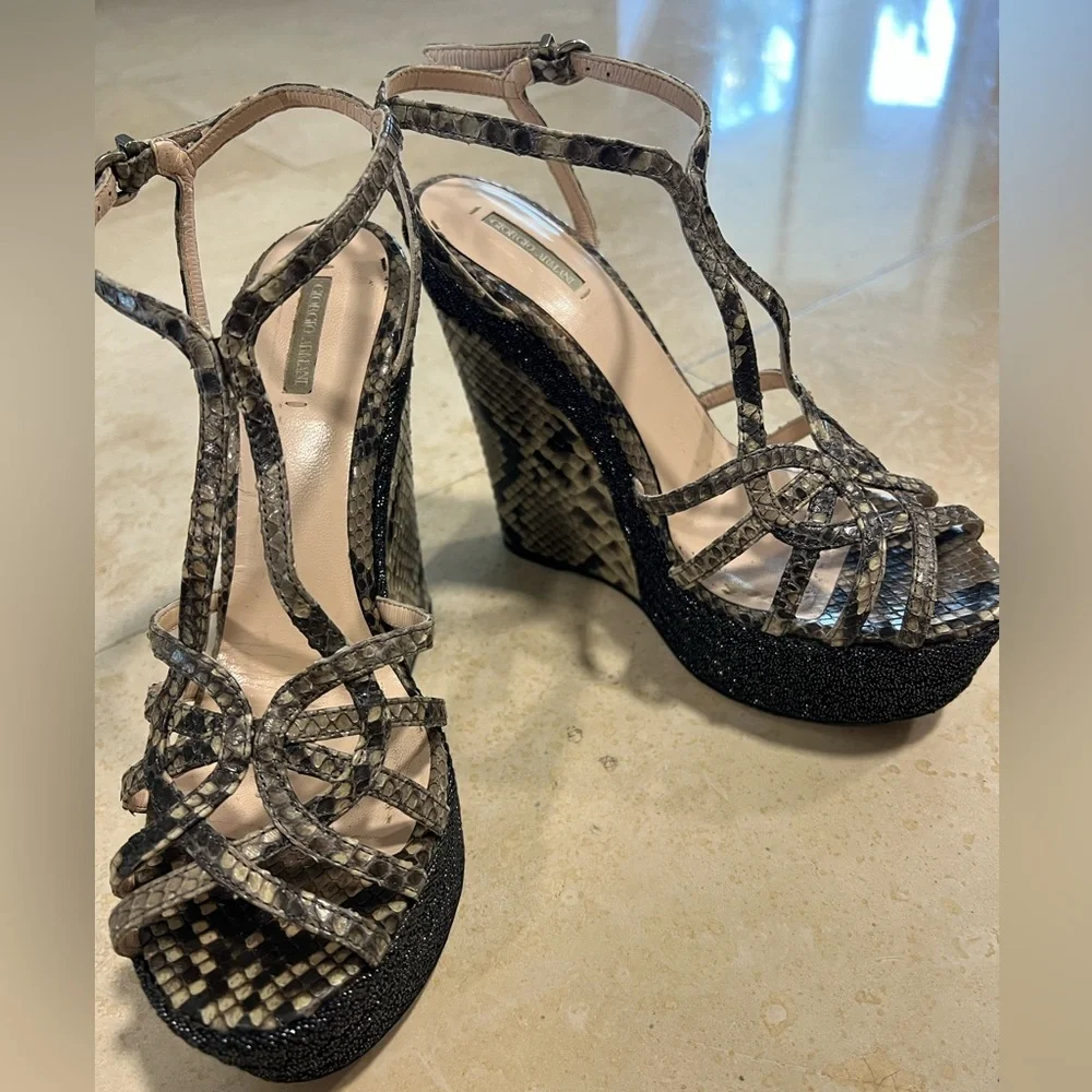 Giorgio Armani snake skin wedge platform sandal in gray and pewter colors